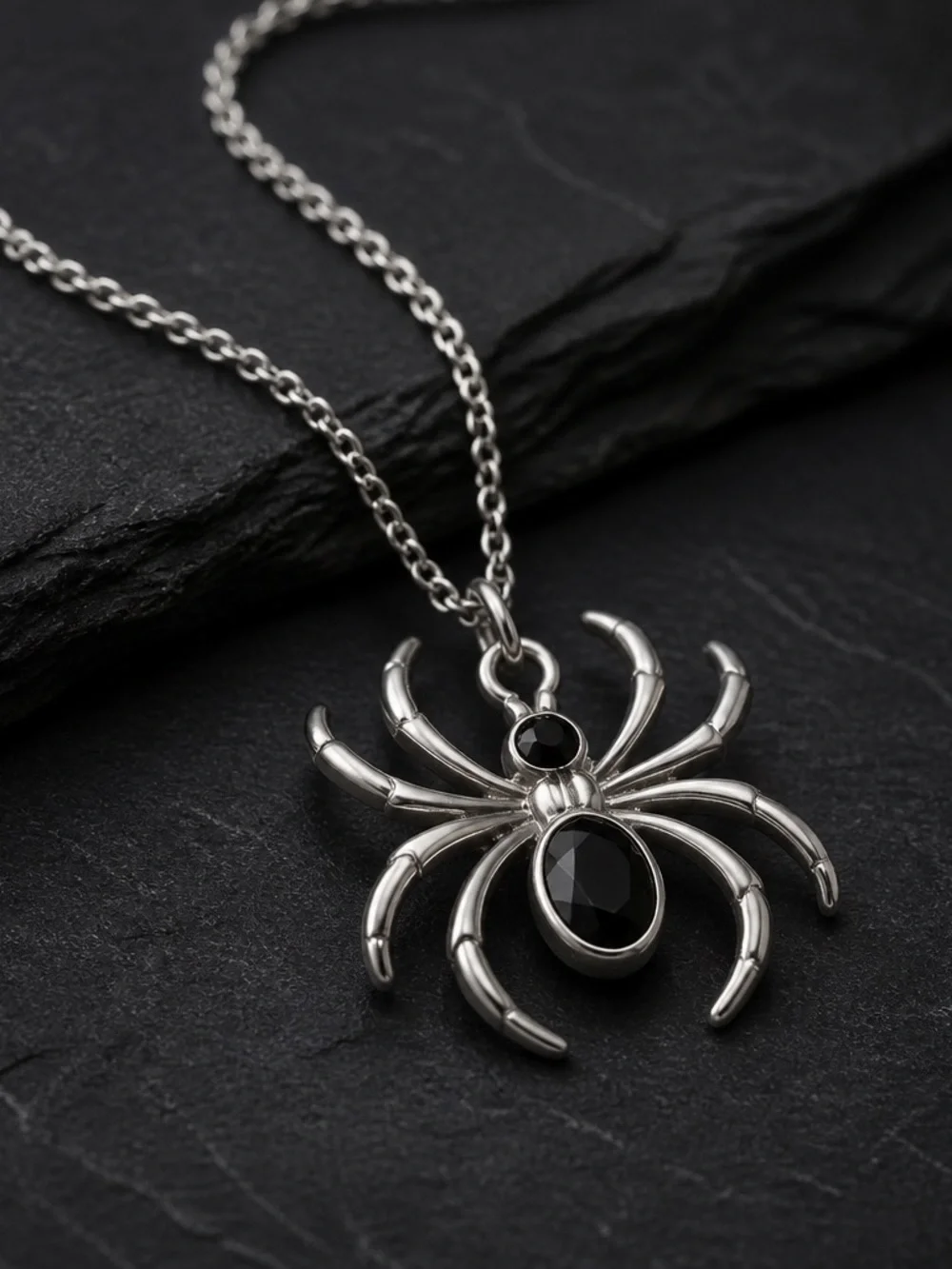 Sterling Spider Pendant Necklace with Black Stones - unisex